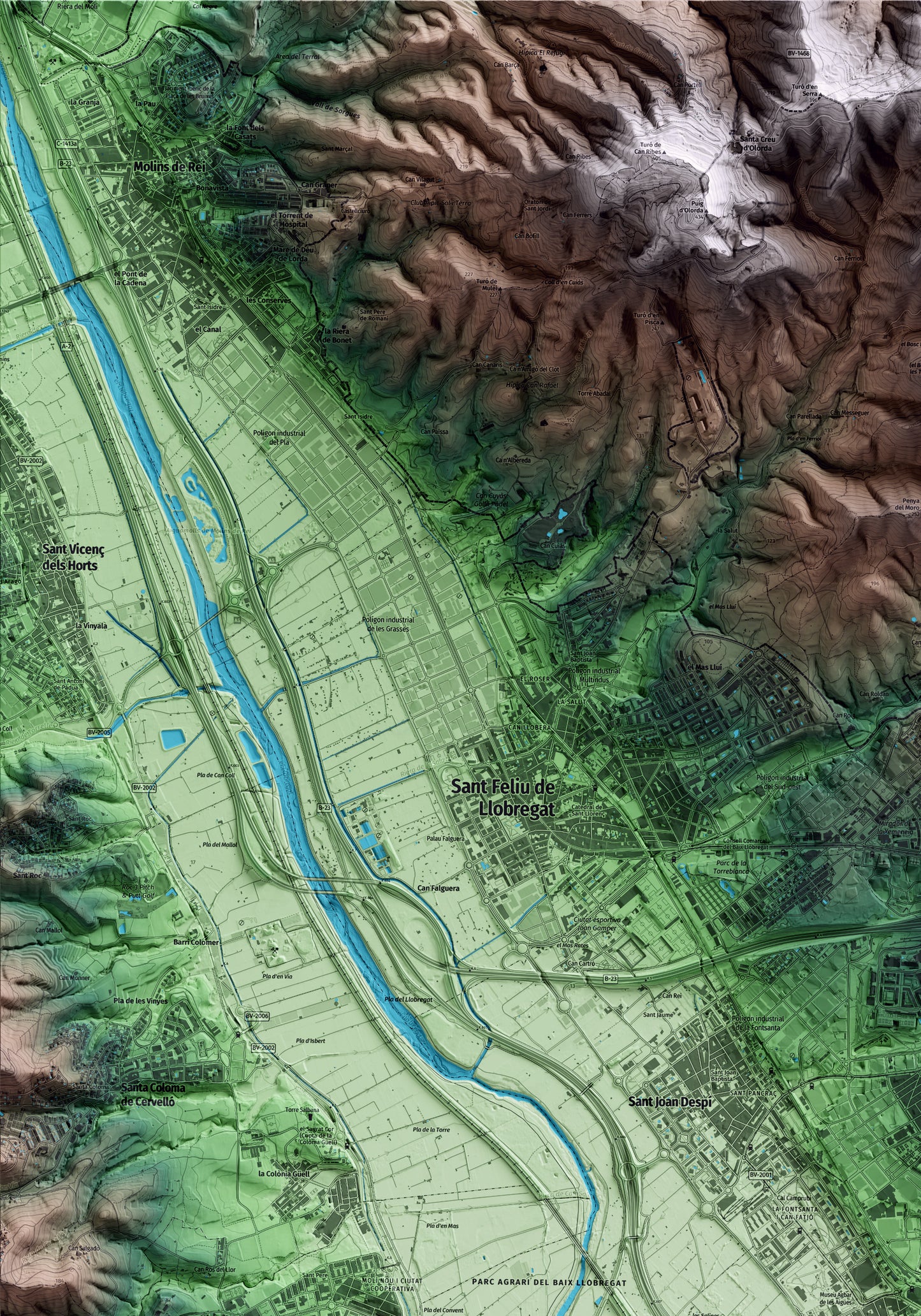 Mapa artístico del relieve de Cornellà de Llobregat, al Baix Llobregat, con 15 km de entorno y base topográfica ICGC. Detalle de la zona superior izquierda.