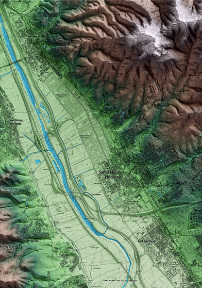 Mapa artístico del relieve de Cornellà de Llobregat, al Baix Llobregat, con 15 km de entorno y base topográfica ICGC. Detalle de la zona superior izquierda.