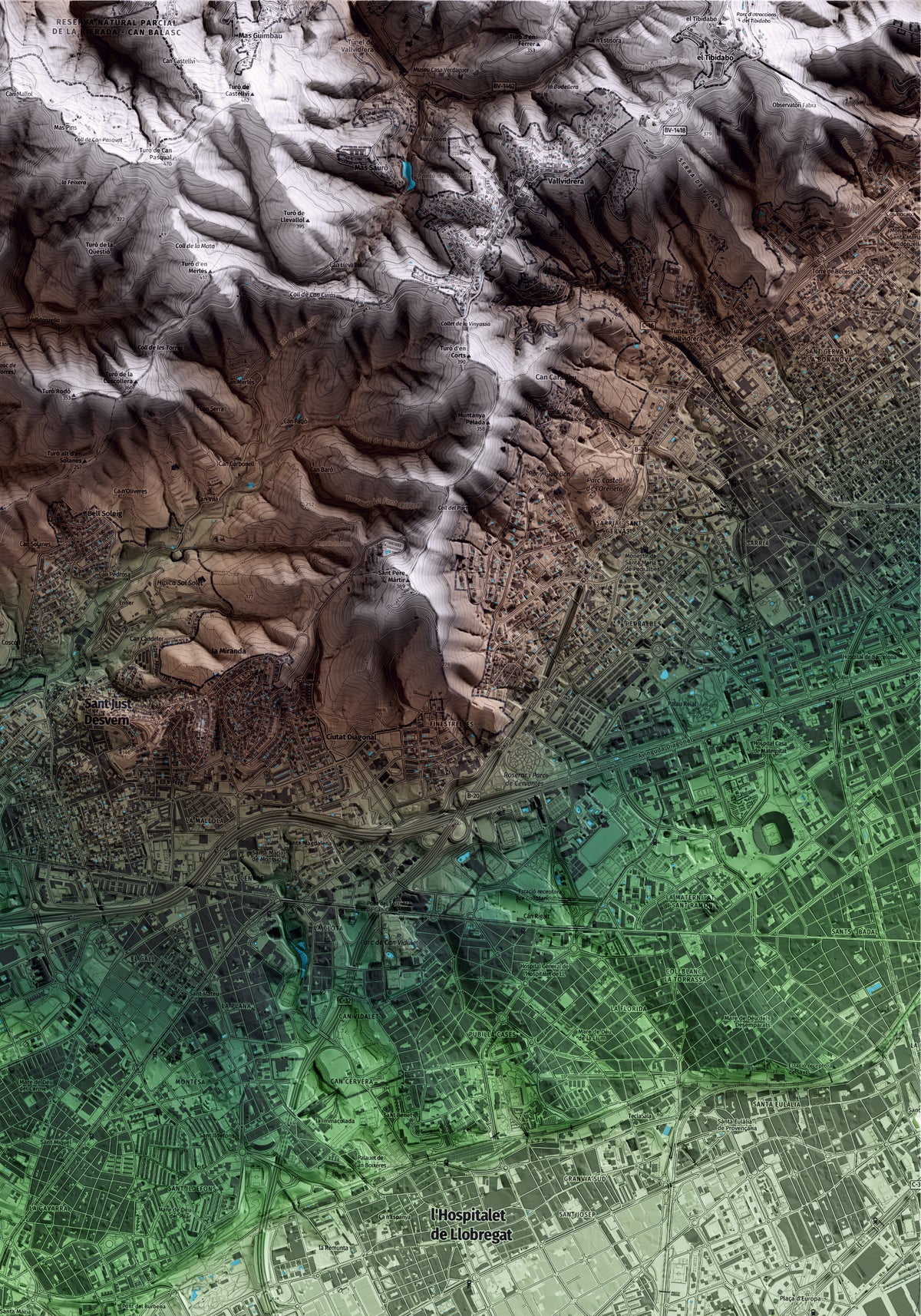 Mapa artístico del relieve de Cornellà de Llobregat, al Baix Llobregat, con 15 km de entorno y base topográfica ICGC. Detalle de la zona superior derecha.