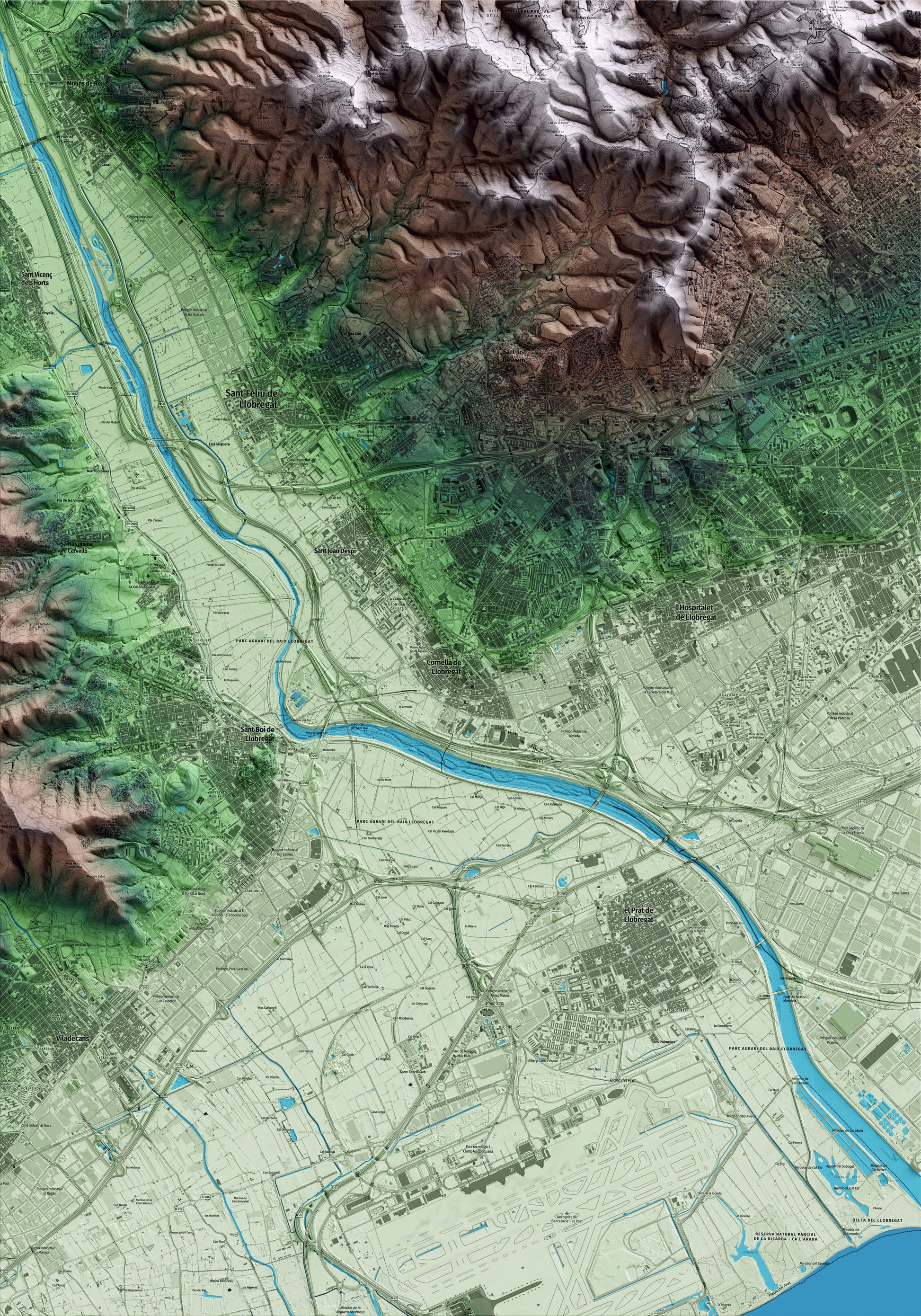 Mapa artístico del relieve de Cornellà de Llobregat, al Baix Llobregat, con 15 km de entorno y base topográfica ICGC