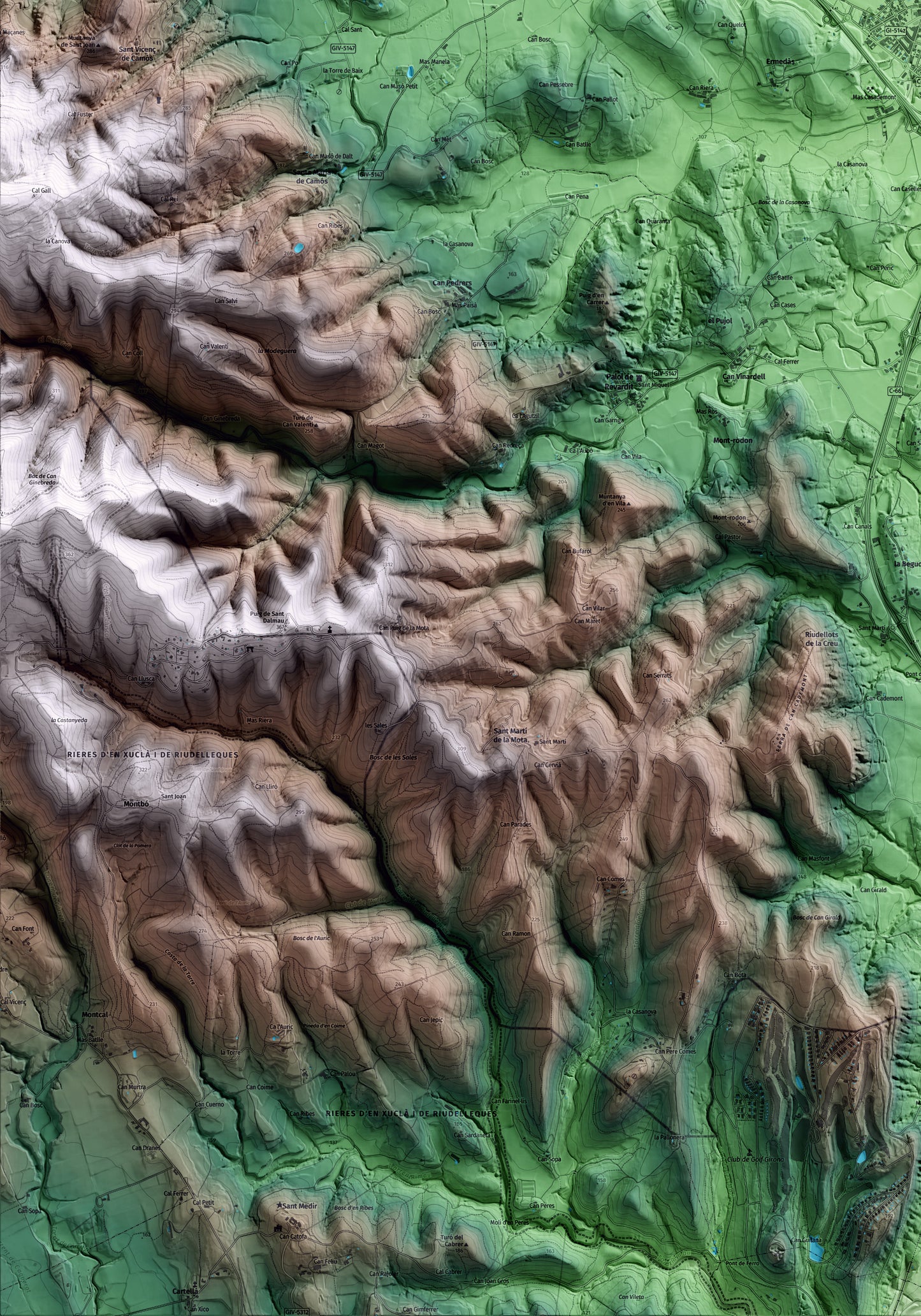 Mapa artístico del relieve de Cornellà del Terri, en el Pla de l'Estany, con 15 km de entorno y base topográfica ICGC. Detalle de la zona inferior izquierda.