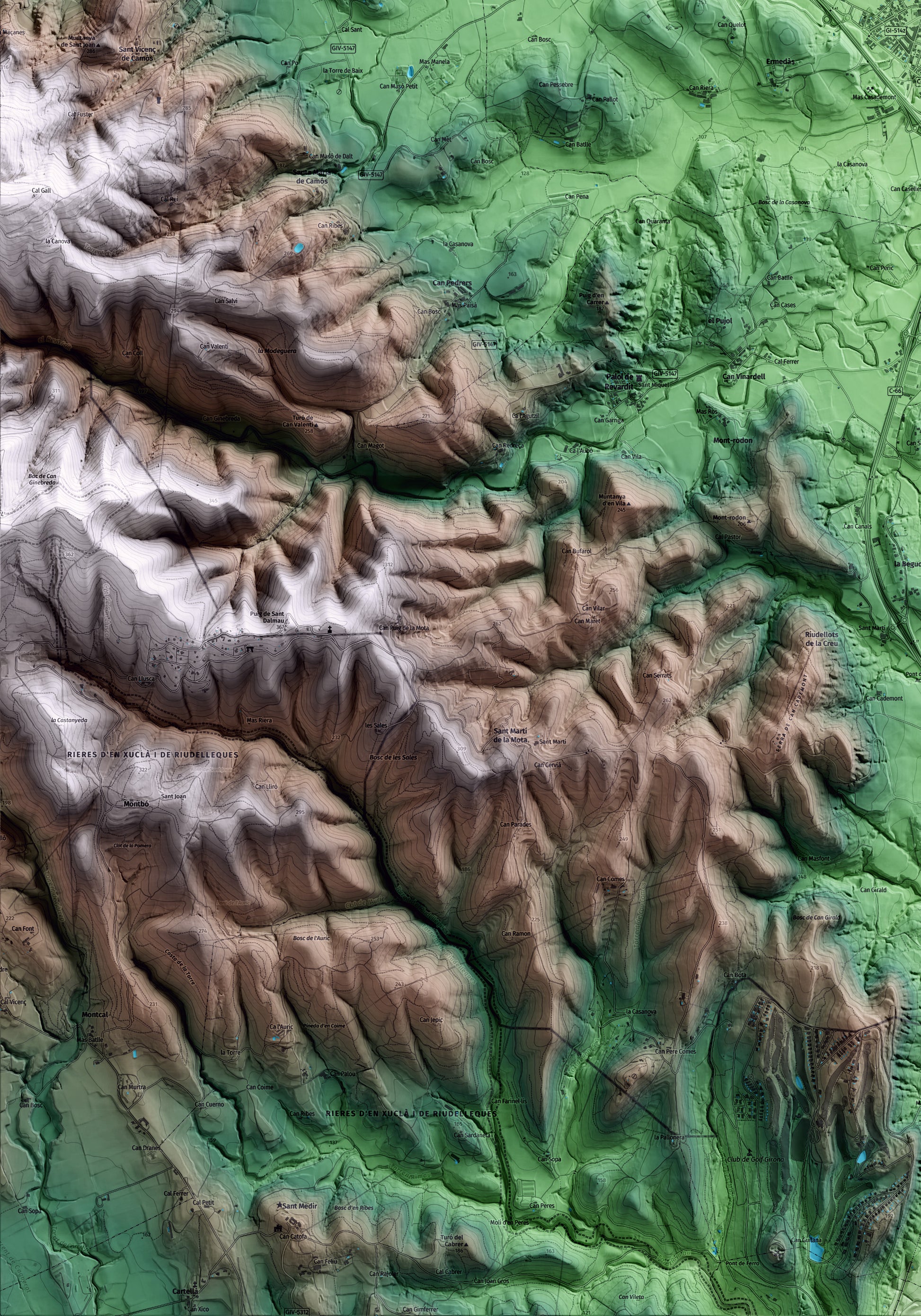 Mapa artístico del relieve de Cornellà del Terri, en el Pla de l'Estany, con 15 km de entorno y base topográfica ICGC. Detalle de la zona inferior izquierda.