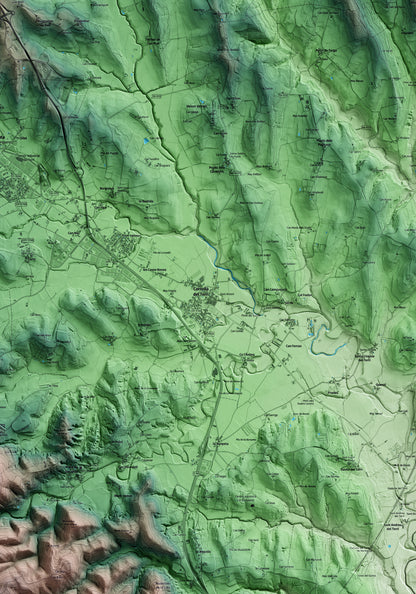 Mapa artístico del relieve de Cornellà del Terri, en el Pla de l'Estany, con 15 km de entorno y base topográfica ICGC. Detalle de la zona central.