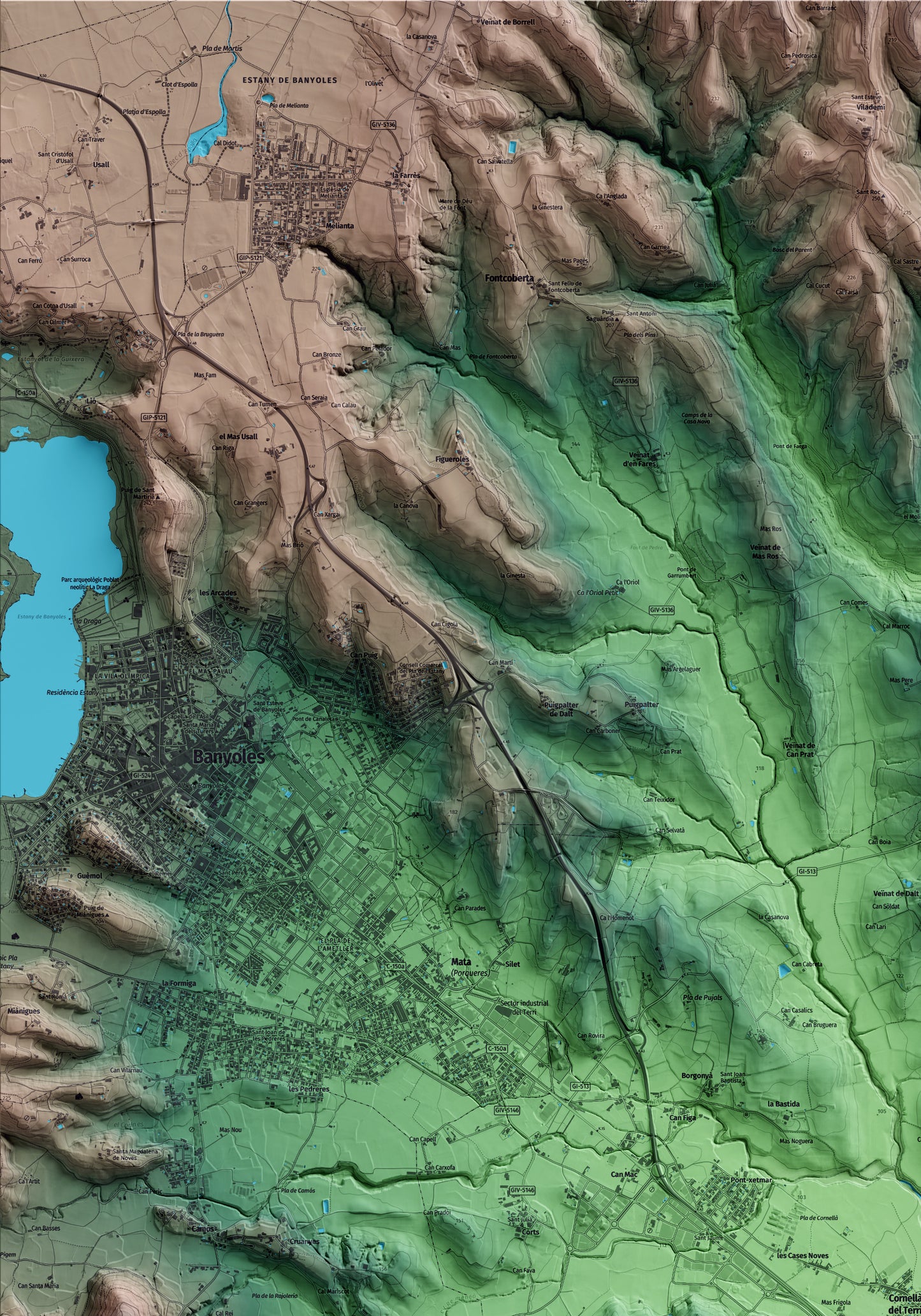 Mapa artístico del relieve de Cornellà del Terri, en el Pla de l'Estany, con 15 km de entorno y base topográfica ICGC. Detalle de la zona superior izquierda.