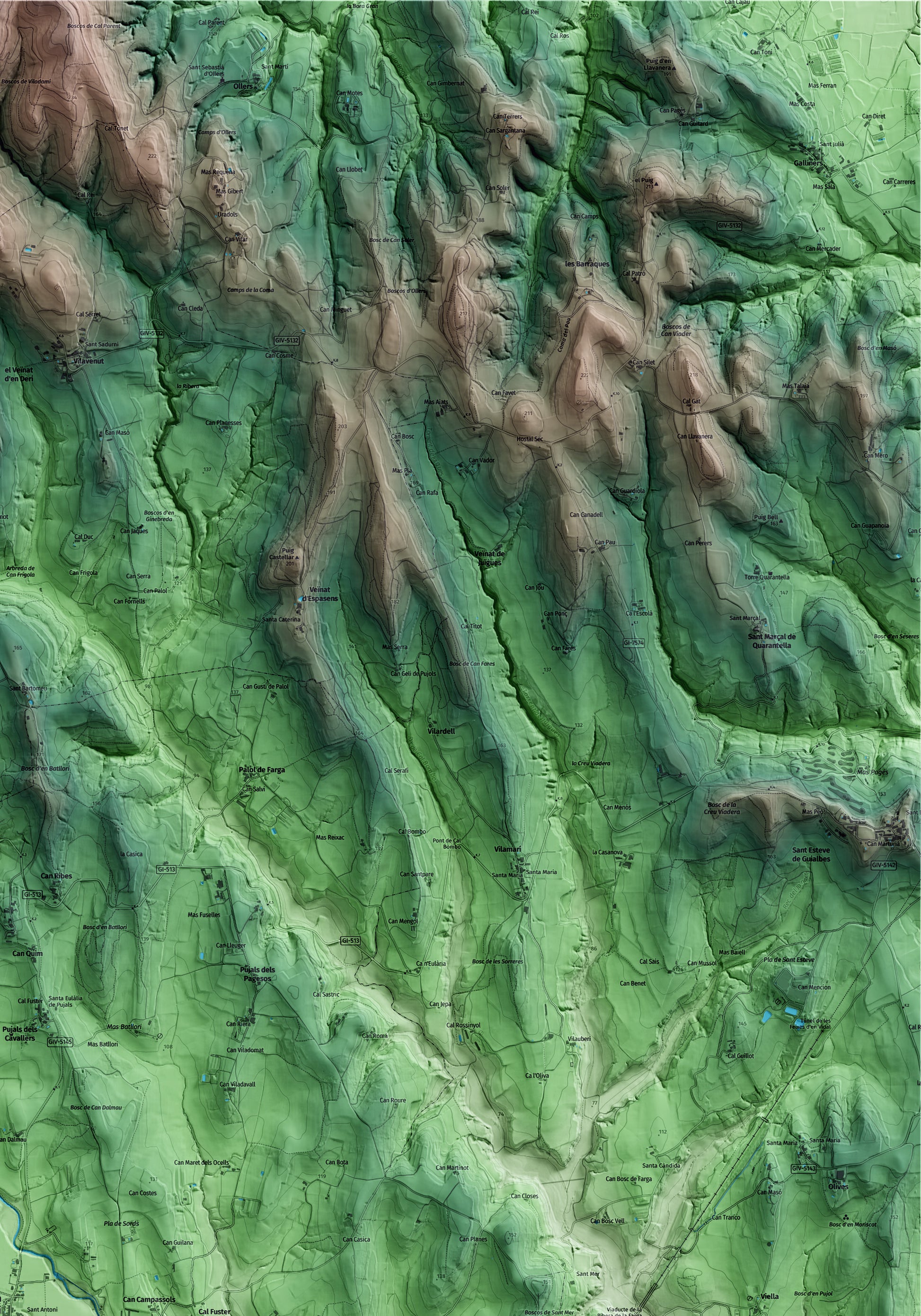 Mapa artístico del relieve de Cornellà del Terri, en el Pla de l'Estany, con 15 km de entorno y base topográfica ICGC. Detalle de la zona superior derecha.