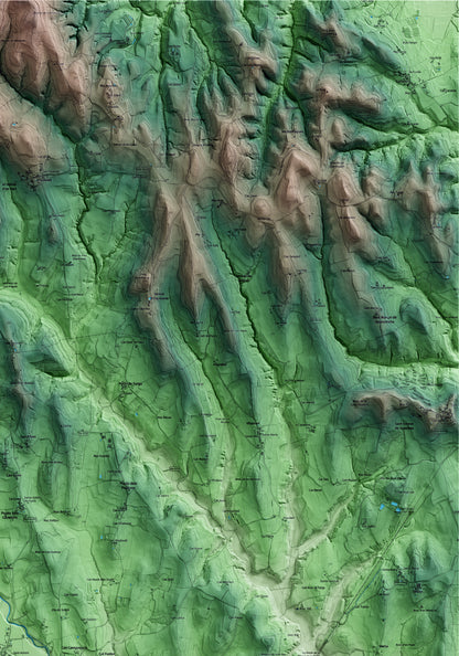 Mapa artístico del relieve de Cornellà del Terri, en el Pla de l'Estany, con 15 km de entorno y base topográfica ICGC. Detalle de la zona superior derecha.