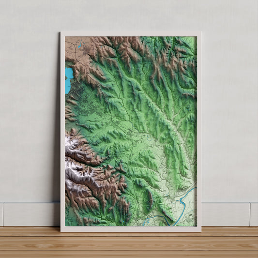 Mapa artístico del relieve de Cornellà del Terri, en el Pla de l'Estany, con 15 km de entorno y base topográfica ICGC. Presentación enmarcada.