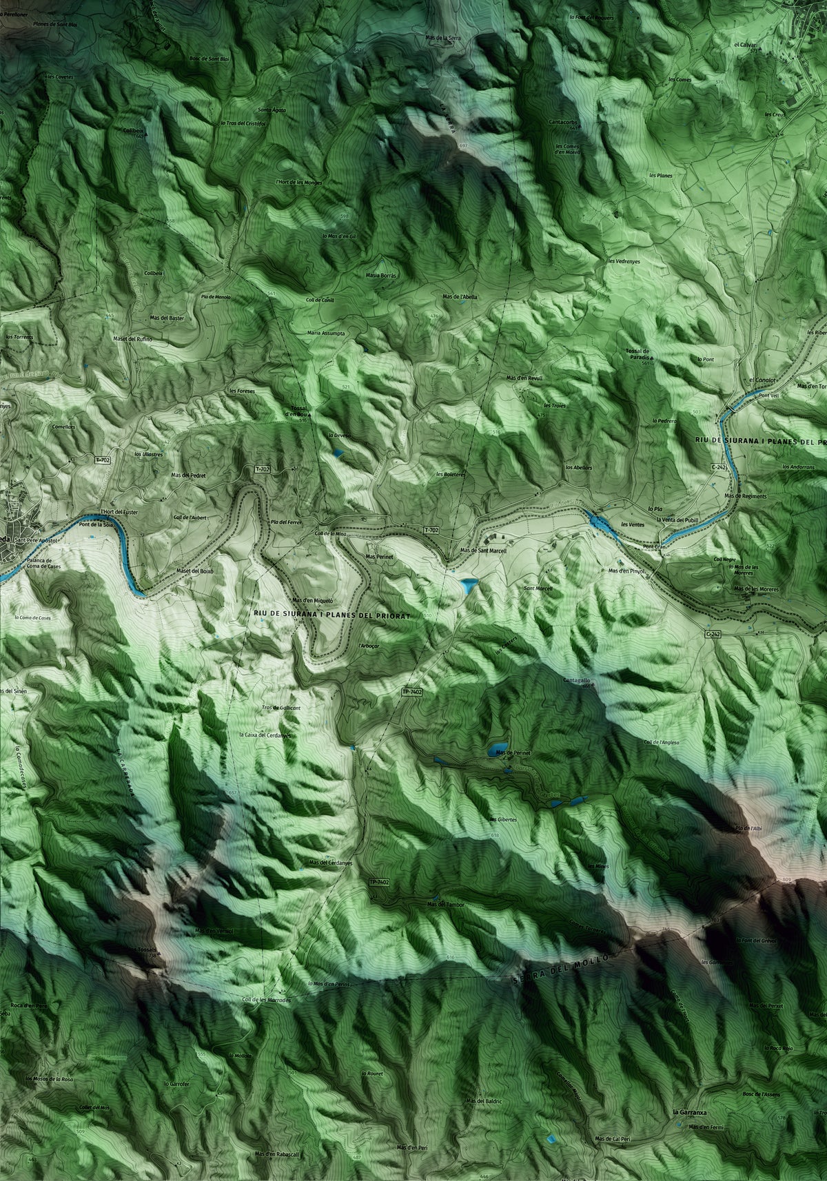 Mapa artístico del relieve de Cornudella de Montsant, al Priorat, con 15 km de entorno y base topográfica ICGC. Detalle de la zona inferior izquierda.
