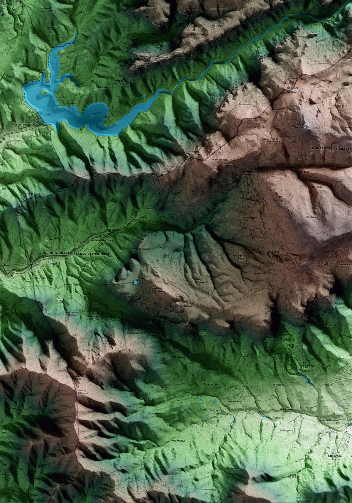 Mapa artístico del relieve de Cornudella de Montsant, al Priorat, con 15 km de entorno y base topográfica ICGC. Detalle de la zona inferior derecha.