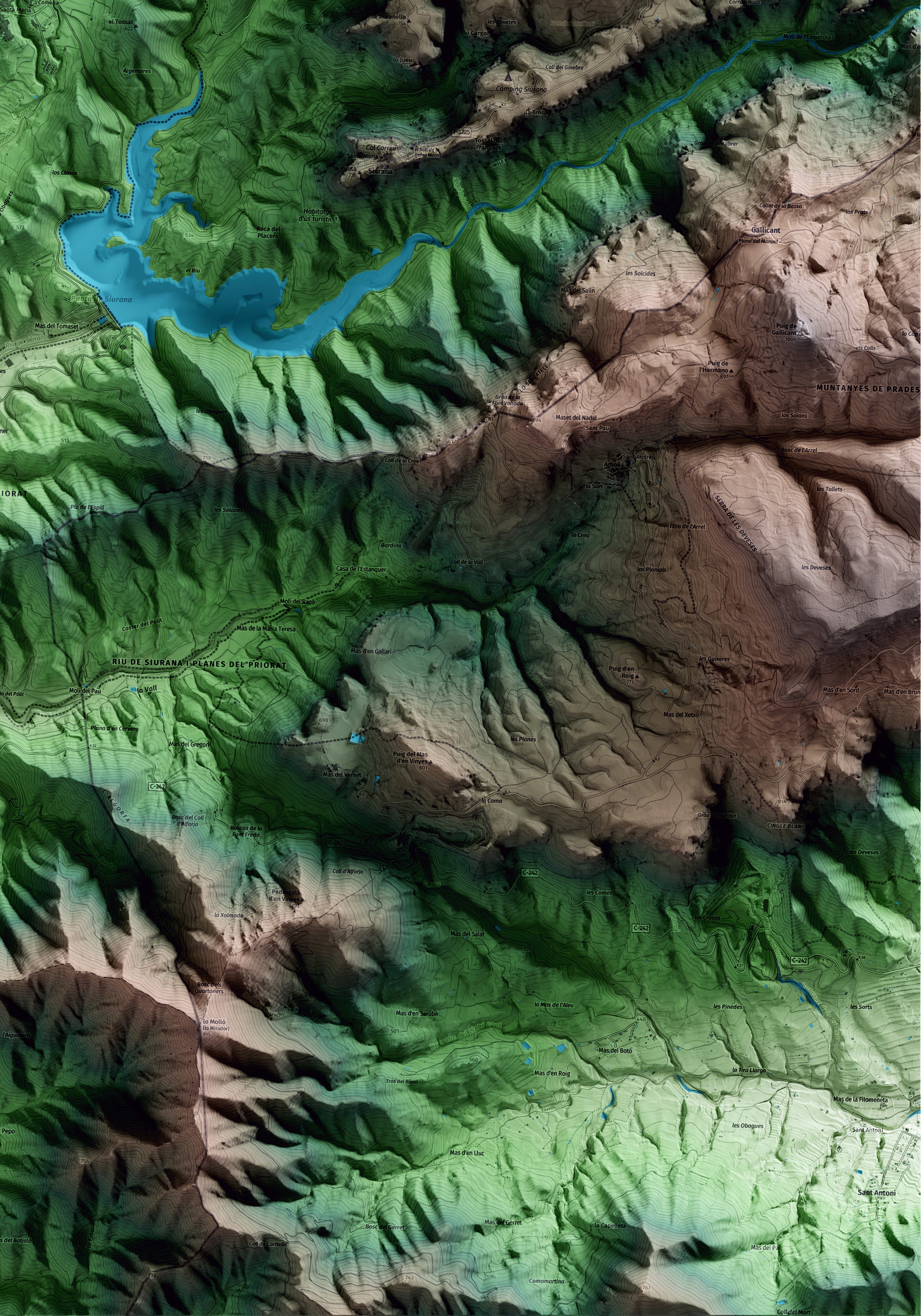 Mapa artístico del relieve de Cornudella de Montsant, al Priorat, con 15 km de entorno y base topográfica ICGC. Detalle de la zona inferior derecha.