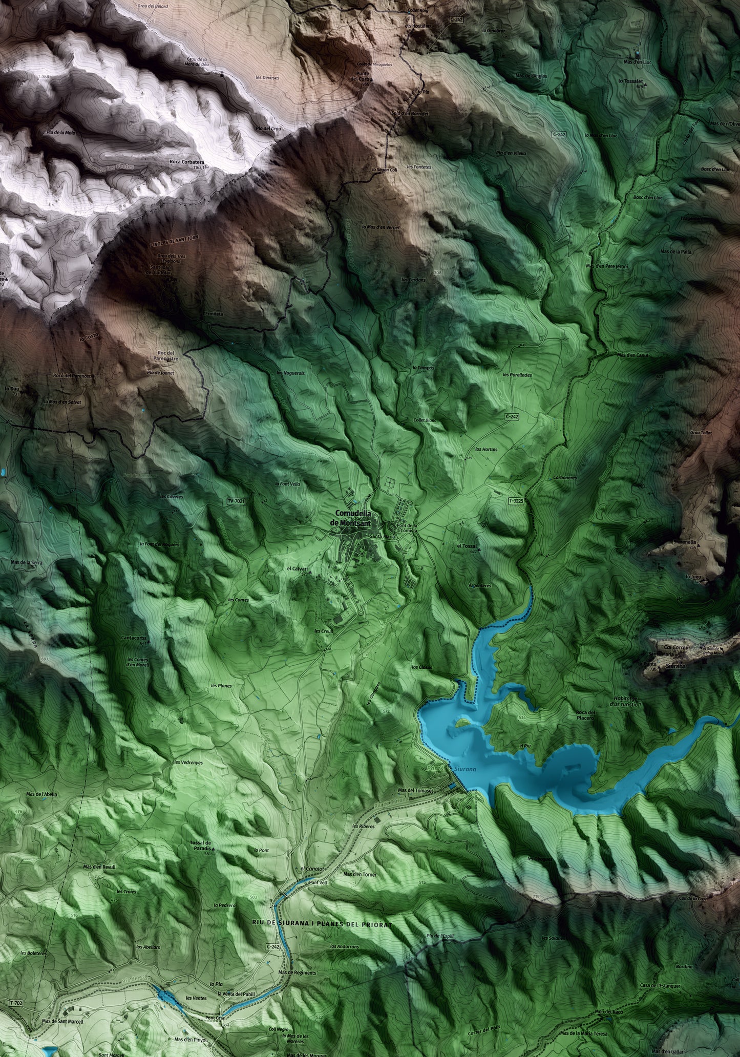 Mapa artístico del relieve de Cornudella de Montsant, al Priorat, con 15 km de entorno y base topográfica ICGC. Detalle de la zona central.