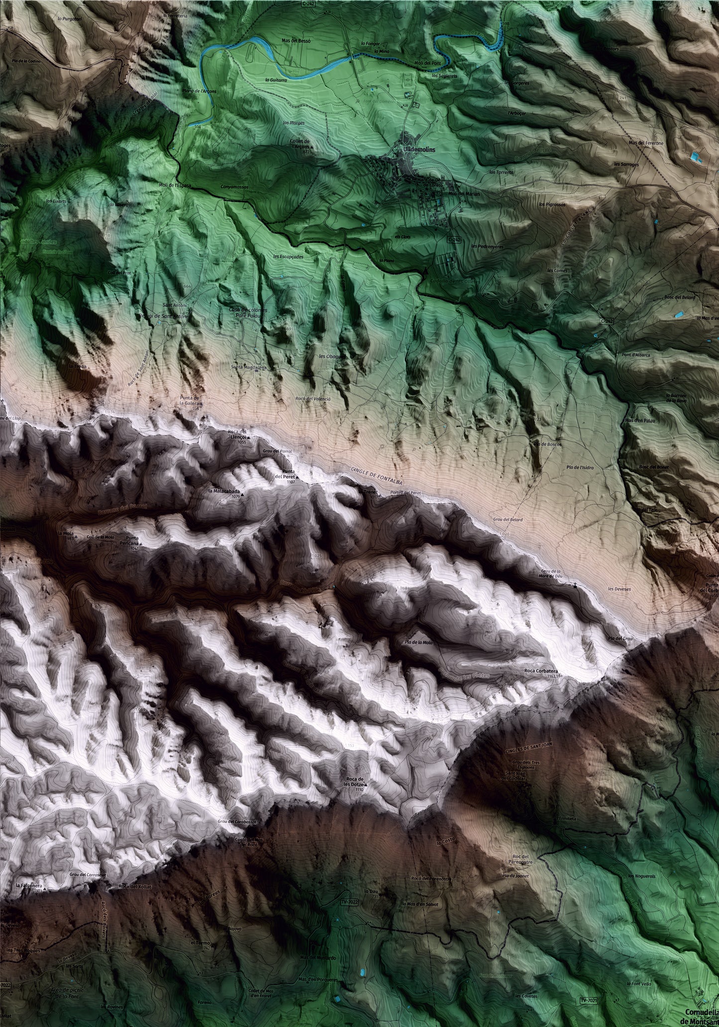 Mapa artístico del relieve de Cornudella de Montsant, al Priorat, con 15 km de entorno y base topográfica ICGC. Detalle de la zona superior izquierda.