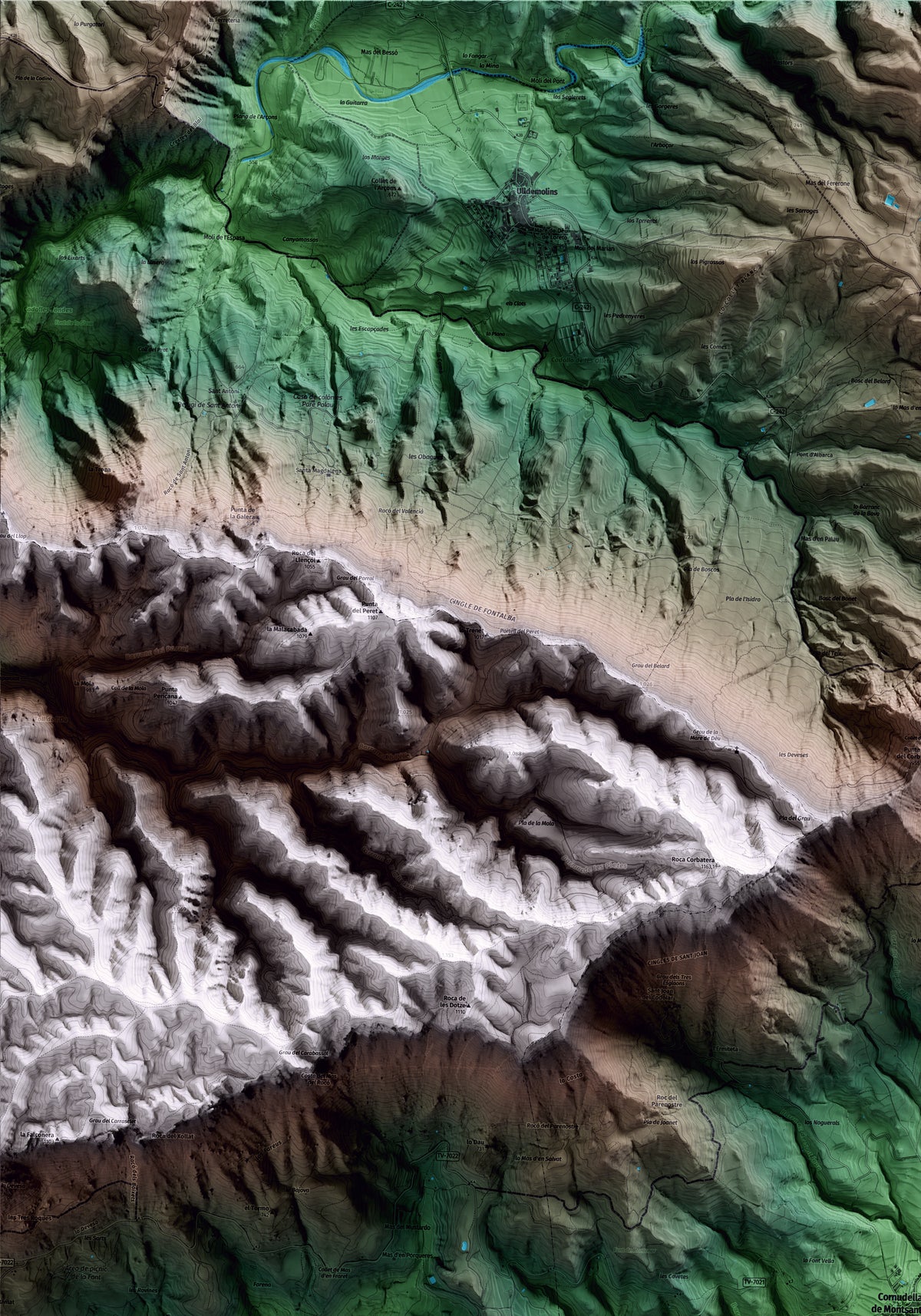 Mapa artístico del relieve de Cornudella de Montsant, al Priorat, con 15 km de entorno y base topográfica ICGC. Detalle de la zona superior izquierda.
