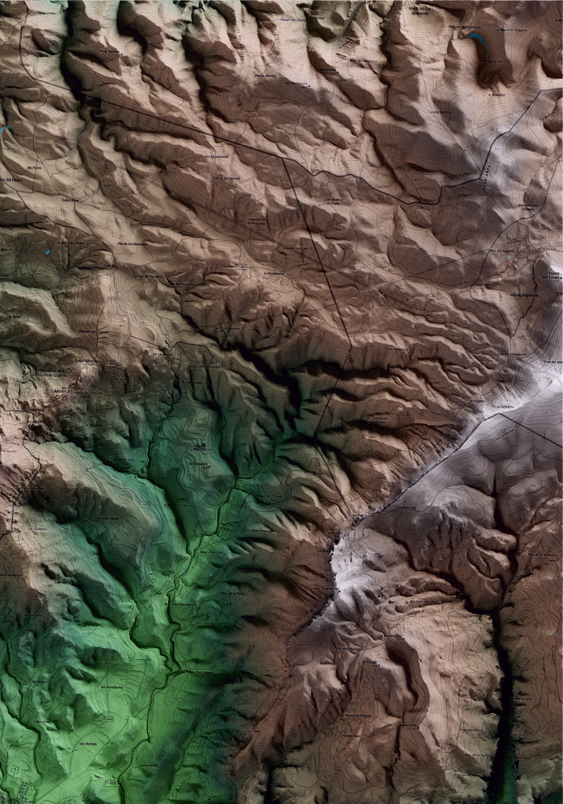 Mapa artístico del relieve de Cornudella de Montsant, al Priorat, con 15 km de entorno y base topográfica ICGC. Detalle de la zona superior derecha.