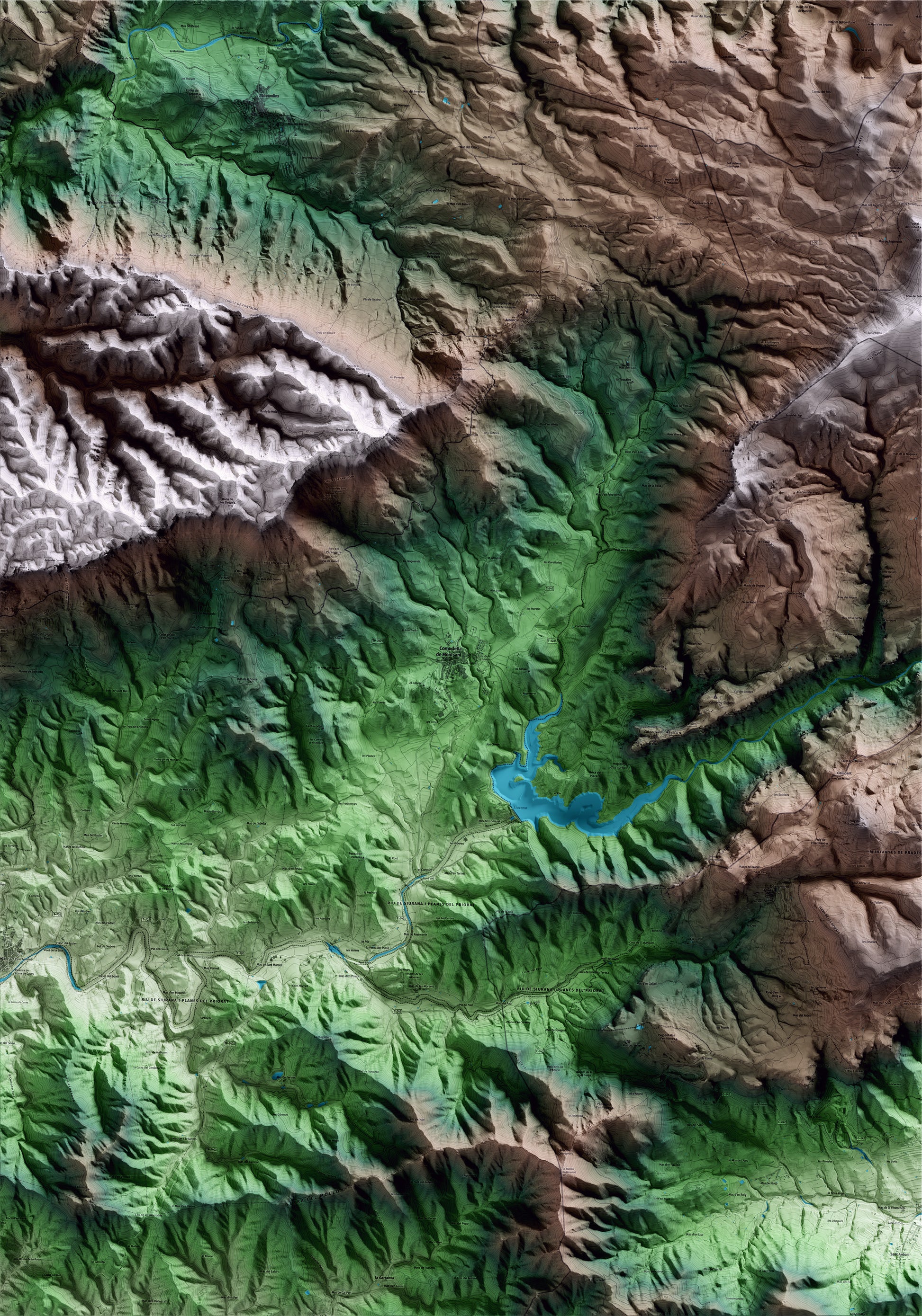 Mapa artístico del relieve de Cornudella de Montsant, al Priorat, con 15 km de entorno y base topográfica ICGC