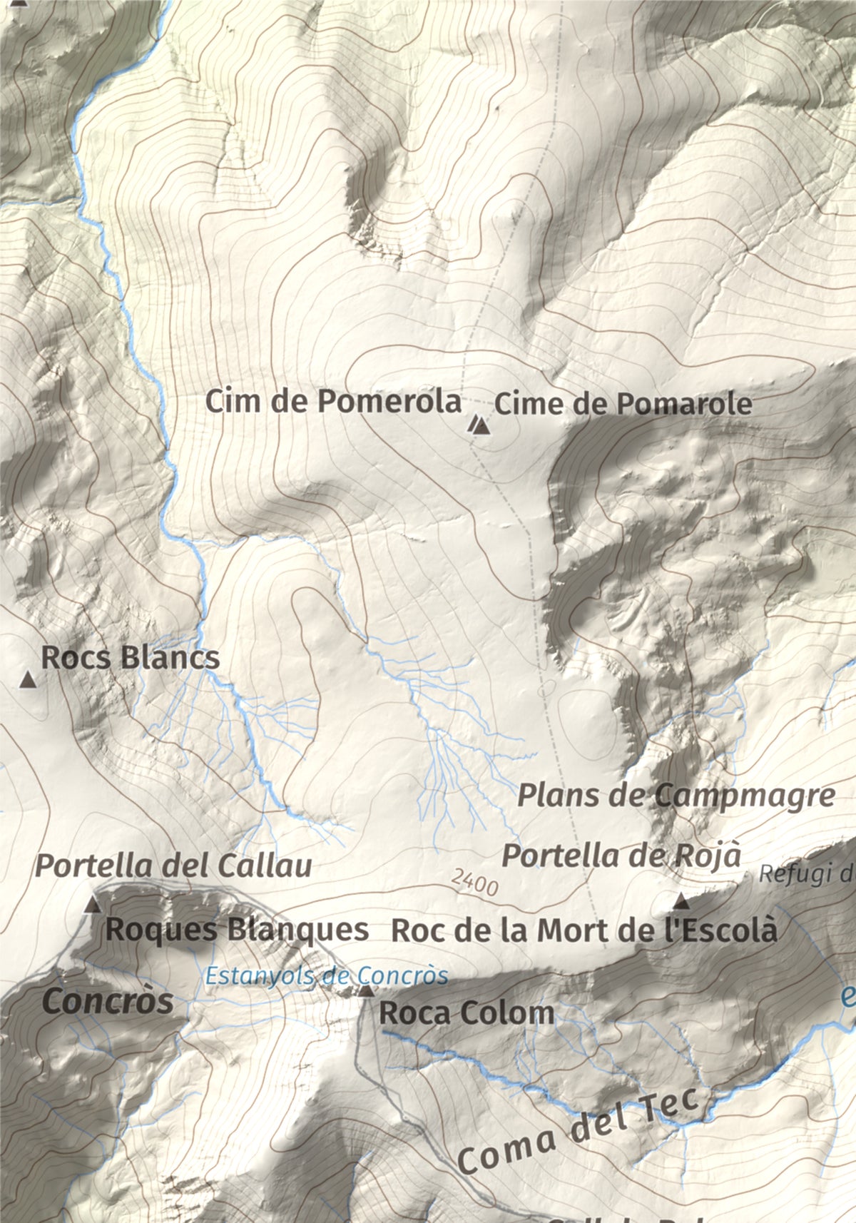 Mapa de relieve de Costabona, 2465 m, Ripollès · Vallespir, lámina 100 Cims de Trobart. Detalle de la zona superior izquierda. 21 × 30 cm.