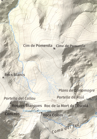 Mapa de relieve de Costabona, 2465 m, Ripollès · Vallespir, lámina 100 Cims de Trobart. Detalle de la zona superior izquierda. 21 × 30 cm.