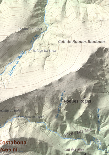 Mapa de relieve de Costabona, 2465 m, Ripollès · Vallespir, lámina 100 Cims de Trobart. Detalle de la zona superior derecha. 21 × 30 cm.