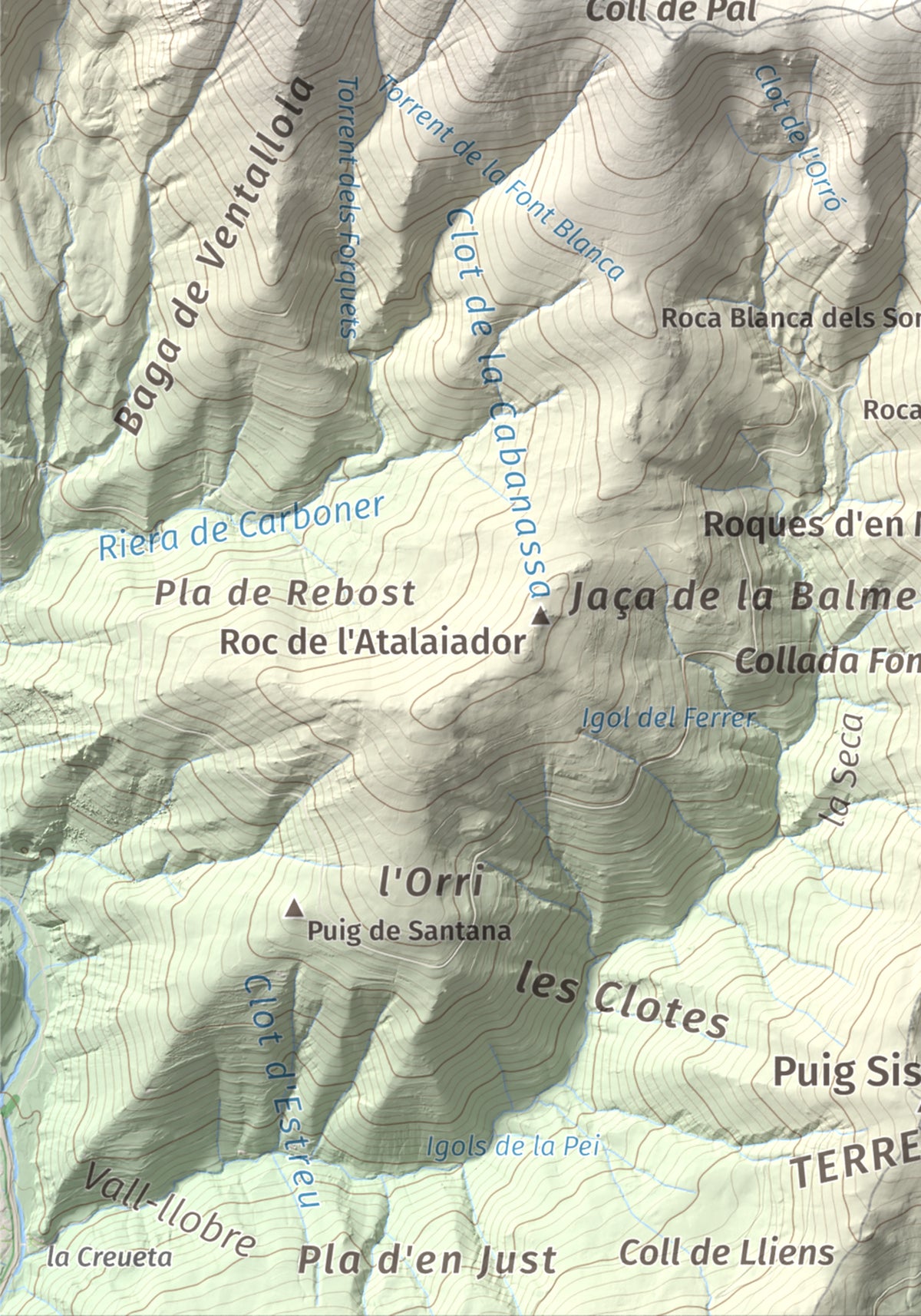 Mapa de relieve de Costabona, 2465 m, Ripollès · Vallespir, lámina 100 Cims de Trobart. Detalle de la zona inferior izquierda. 21 × 30 cm.