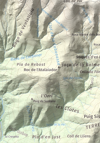 Mapa de relieve de Costabona, 2465 m, Ripollès · Vallespir, lámina 100 Cims de Trobart. Detalle de la zona inferior izquierda. 21 × 30 cm.