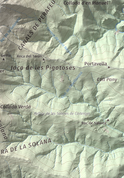 Mapa de relieve de Costabona, 2465 m, Ripollès · Vallespir, lámina 100 Cims de Trobart. Detalle de la zona inferior derecha. 21 × 30 cm.