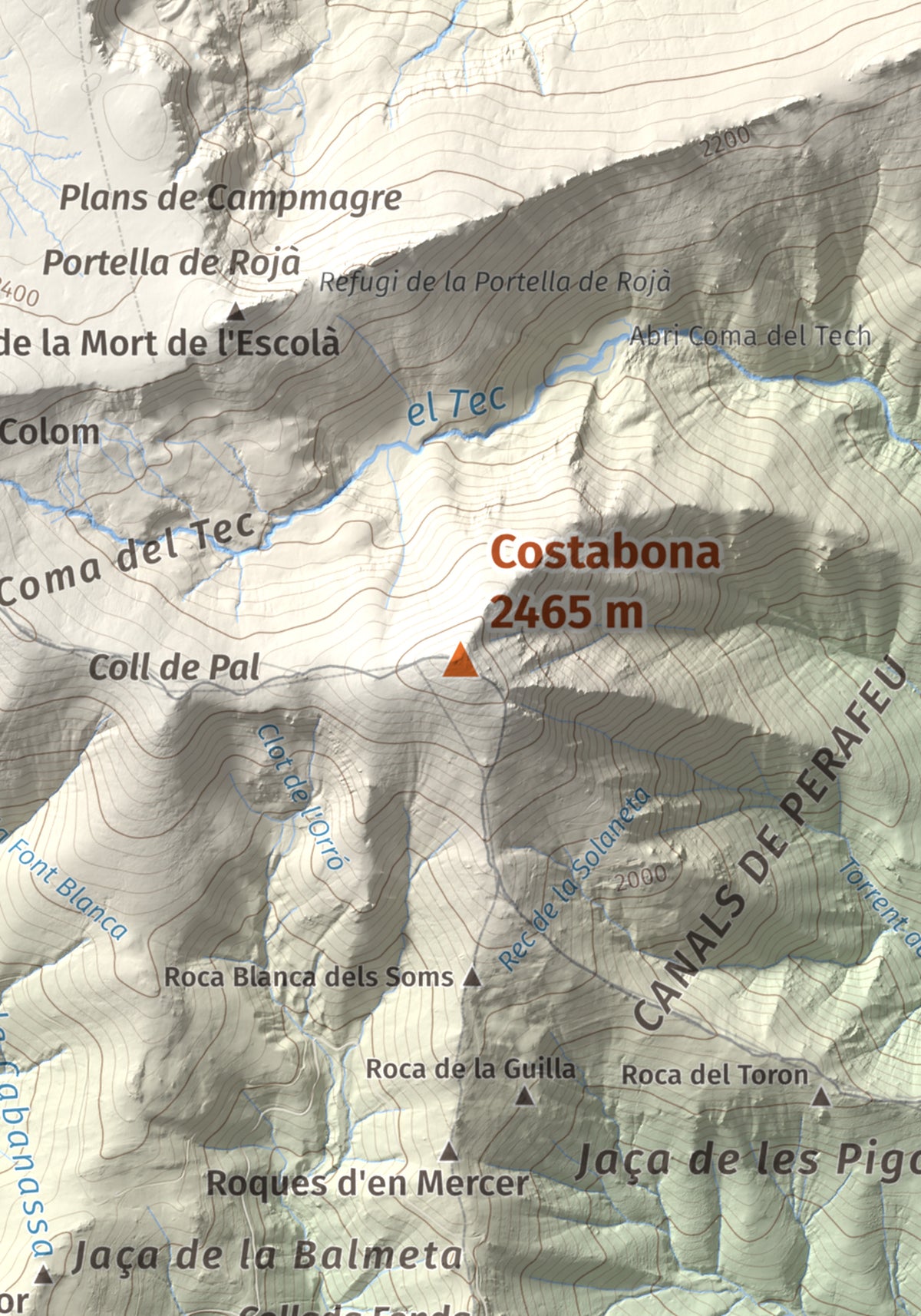 Mapa de relieve de Costabona, 2465 m, Ripollès · Vallespir, lámina 100 Cims de Trobart. Detalle de la zona central. 21 × 30 cm.