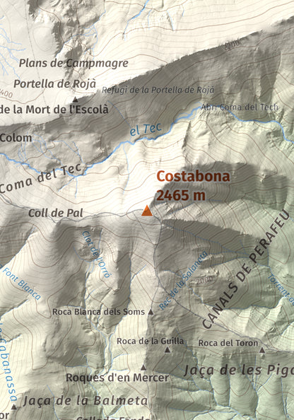 Mapa de relieve de Costabona, 2465 m, Ripollès · Vallespir, lámina 100 Cims de Trobart. Detalle de la zona central. 21 × 30 cm.