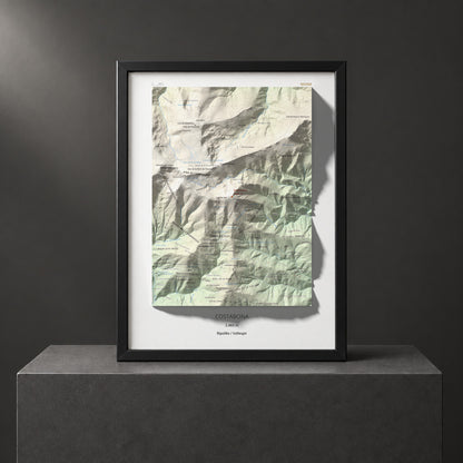 Mapa de relieve de Costabona, 2465 m, Ripollès · Vallespir, lámina 100 Cims de Trobart. Presentación enmarcada. 30 × 40 cm.