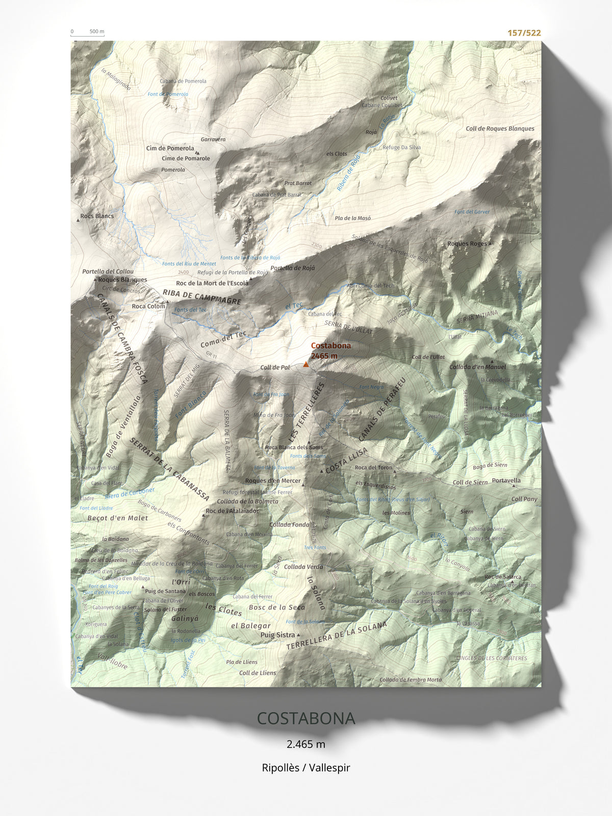 Mapa de relieve de Costabona, 2465 m, Ripollès · Vallespir, lámina 100 Cims de Trobart 30 × 40 cm.
