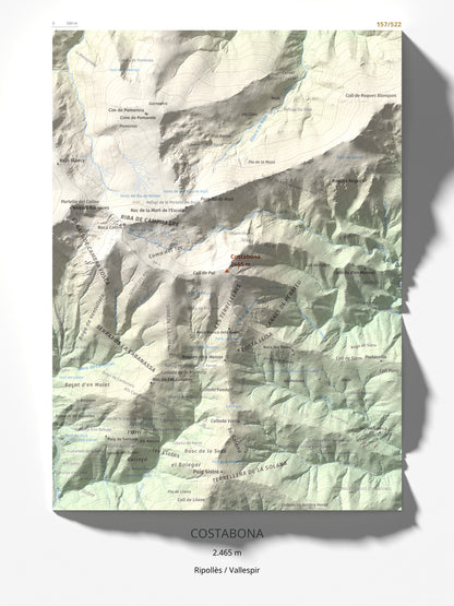 Mapa de relieve de Costabona, 2465 m, Ripollès · Vallespir, lámina 100 Cims de Trobart 30 × 40 cm.