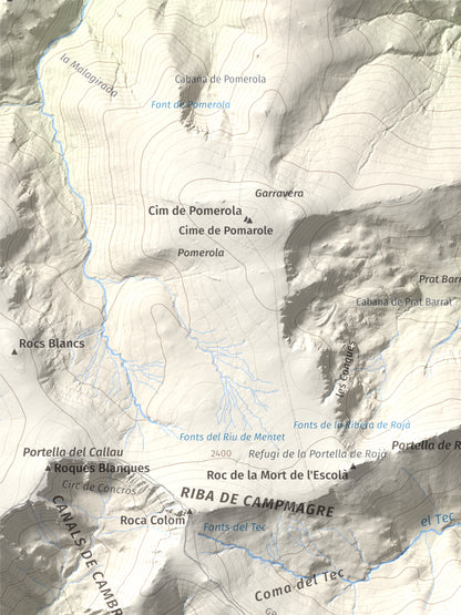 Mapa de relieve de Costabona, 2465 m, Ripollès · Vallespir, lámina 100 Cims de Trobart. Detalle de la zona superior izquierda. 30 × 40 cm.