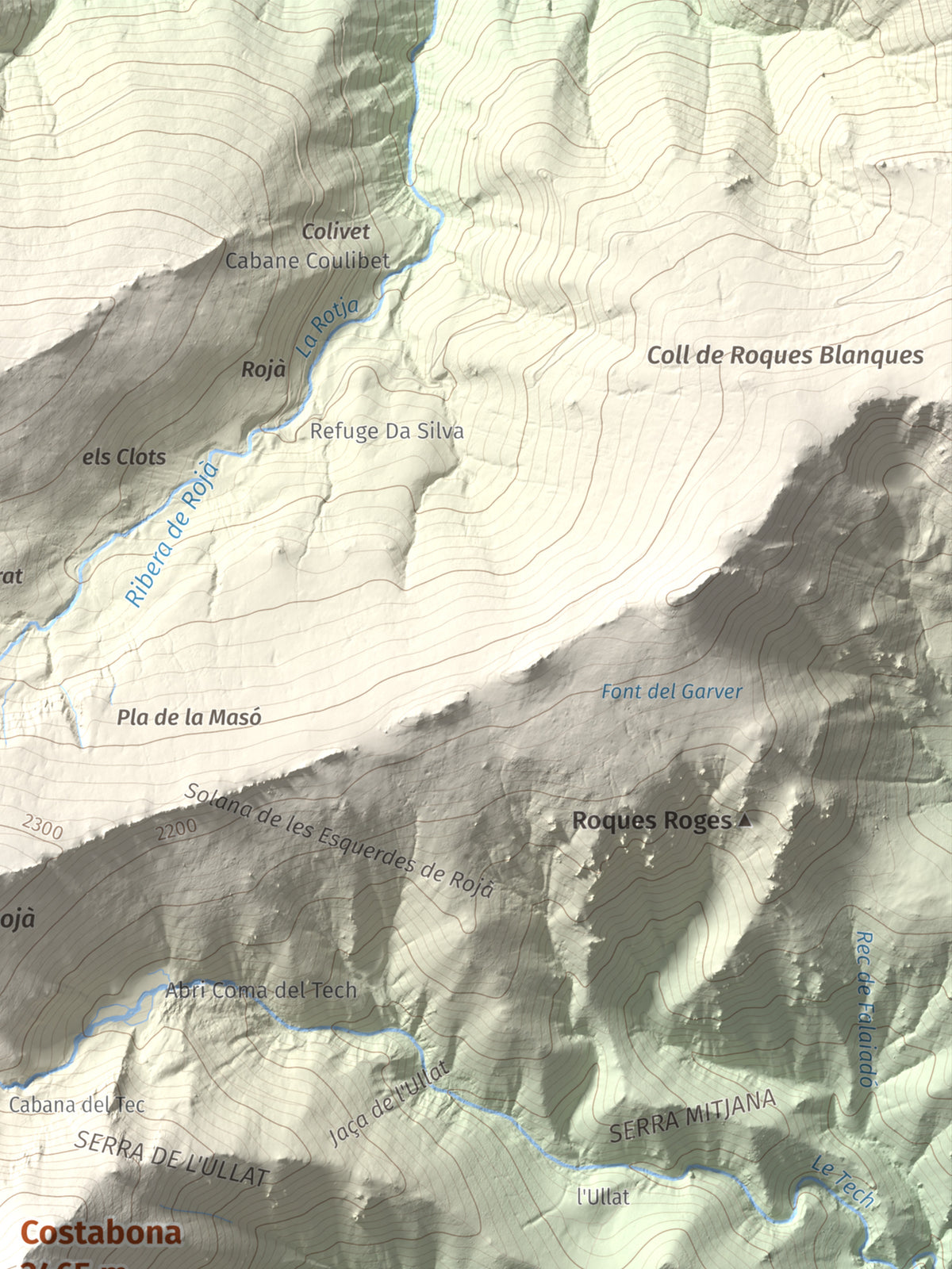 Mapa de relieve de Costabona, 2465 m, Ripollès · Vallespir, lámina 100 Cims de Trobart. Detalle de la zona superior derecha. 30 × 40 cm.