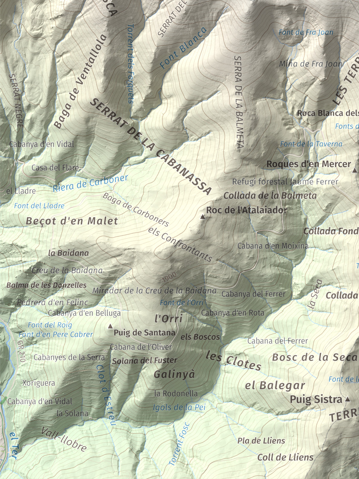 Mapa de relieve de Costabona, 2465 m, Ripollès · Vallespir, lámina 100 Cims de Trobart. Detalle de la zona inferior izquierda. 30 × 40 cm.