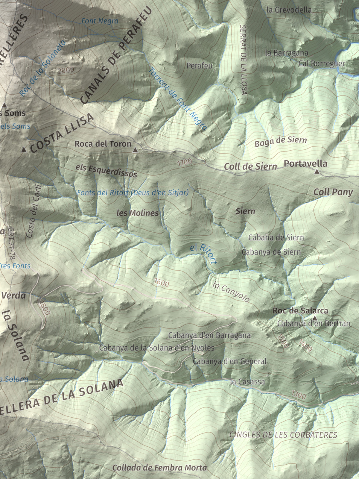 Mapa de relieve de Costabona, 2465 m, Ripollès · Vallespir, lámina 100 Cims de Trobart. Detalle de la zona inferior derecha. 30 × 40 cm.