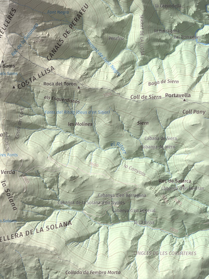 Mapa de relieve de Costabona, 2465 m, Ripollès · Vallespir, lámina 100 Cims de Trobart. Detalle de la zona inferior derecha. 30 × 40 cm.