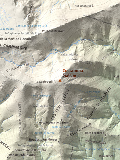 Mapa de relieve de Costabona, 2465 m, Ripollès · Vallespir, lámina 100 Cims de Trobart. Detalle de la zona central. 30 × 40 cm.