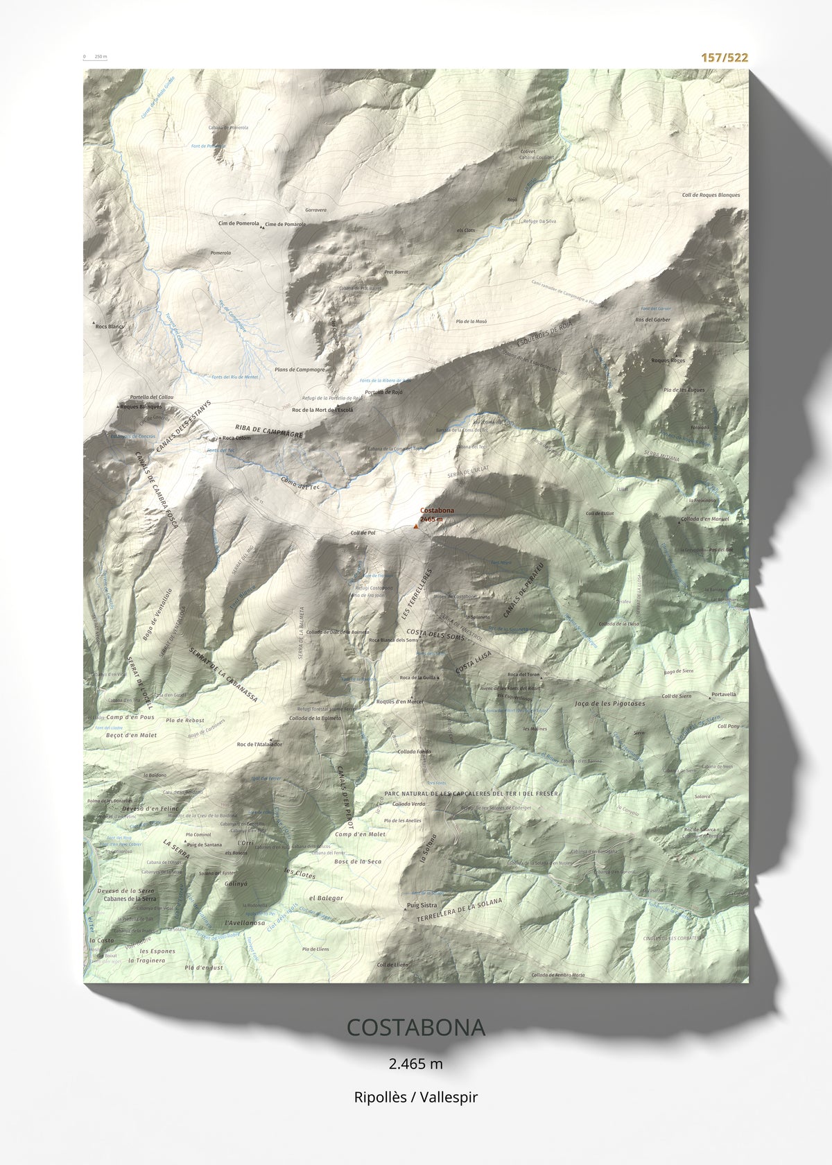Mapa de relieve de Costabona, 2465 m, Ripollès · Vallespir, lámina 100 Cims de Trobart 50 × 70 cm.