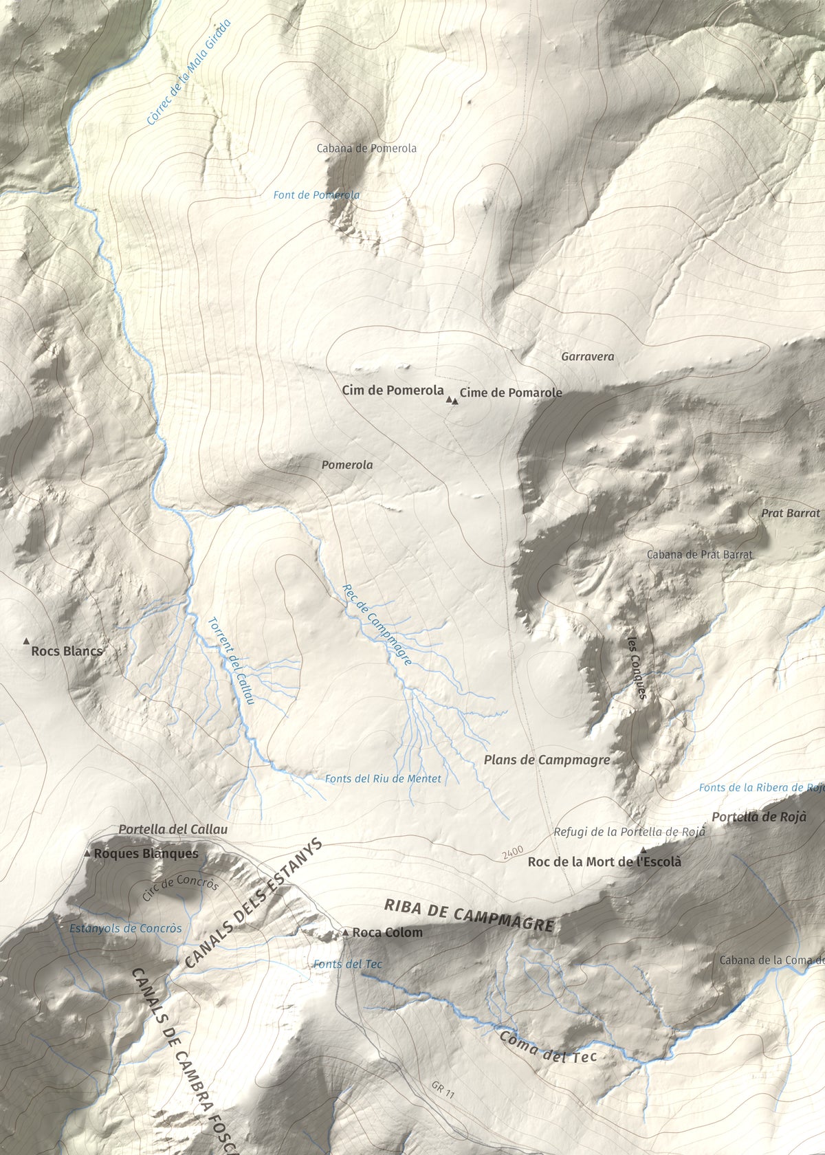 Mapa de relieve de Costabona, 2465 m, Ripollès · Vallespir, lámina 100 Cims de Trobart. Detalle de la zona superior izquierda. 50 × 70 cm.
