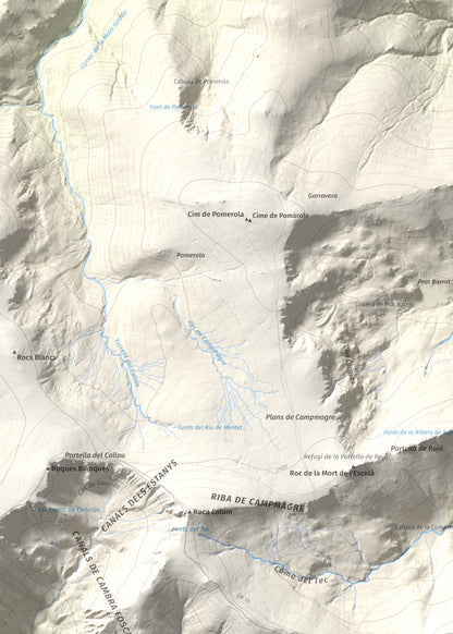 Mapa de relieve de Costabona, 2465 m, Ripollès · Vallespir, lámina 100 Cims de Trobart. Detalle de la zona superior izquierda. 50 × 70 cm.