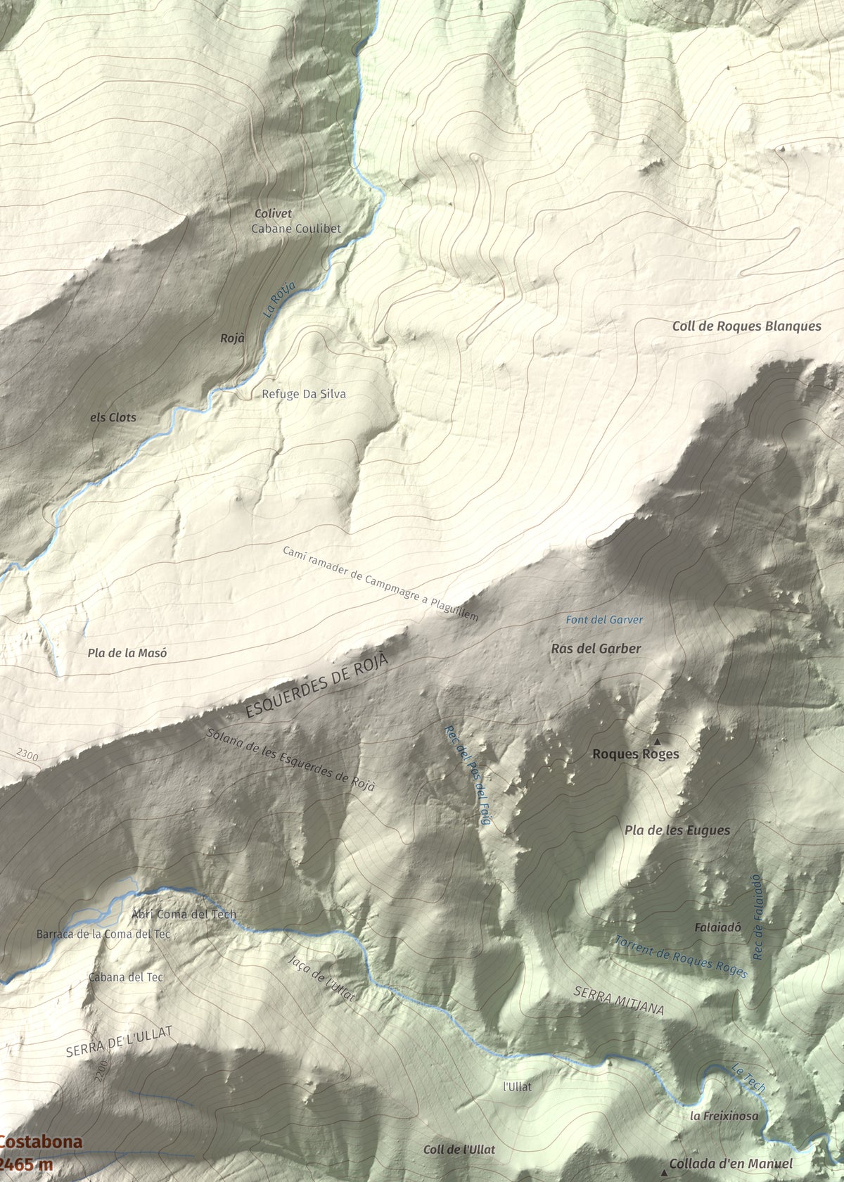 Mapa de relieve de Costabona, 2465 m, Ripollès · Vallespir, lámina 100 Cims de Trobart. Detalle de la zona superior derecha. 50 × 70 cm.
