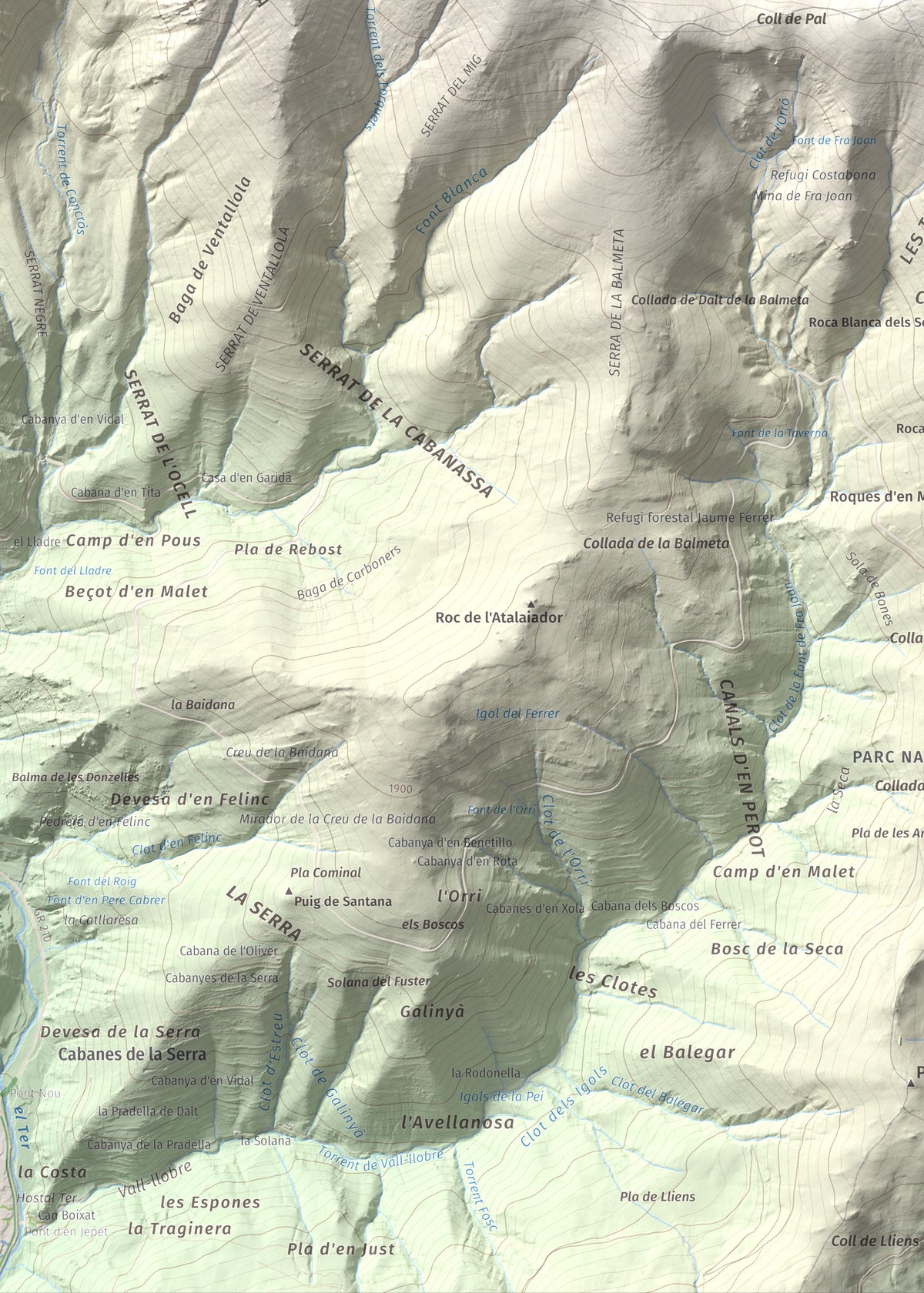 Mapa de relieve de Costabona, 2465 m, Ripollès · Vallespir, lámina 100 Cims de Trobart. Detalle de la zona inferior izquierda. 50 × 70 cm.