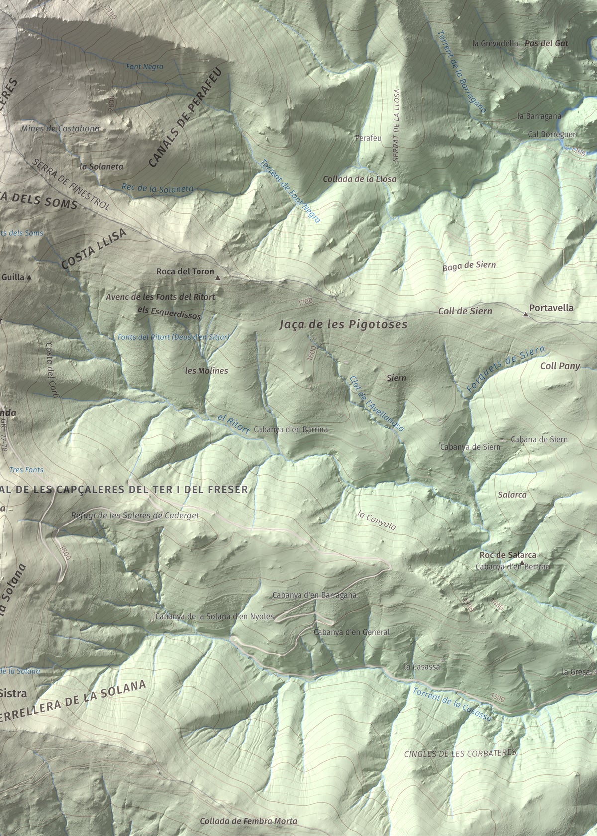 Mapa de relieve de Costabona, 2465 m, Ripollès · Vallespir, lámina 100 Cims de Trobart. Detalle de la zona inferior derecha. 50 × 70 cm.