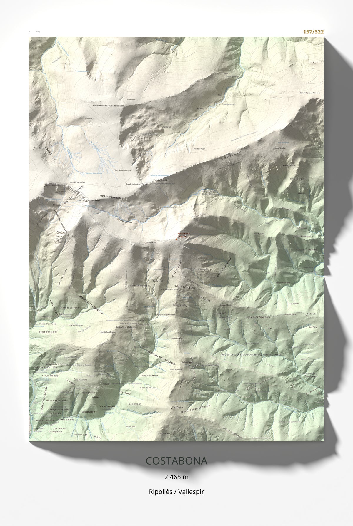 Mapa de relieve de Costabona, 2465 m, Ripollès · Vallespir, lámina 100 Cims de Trobart 61 × 91 cm.