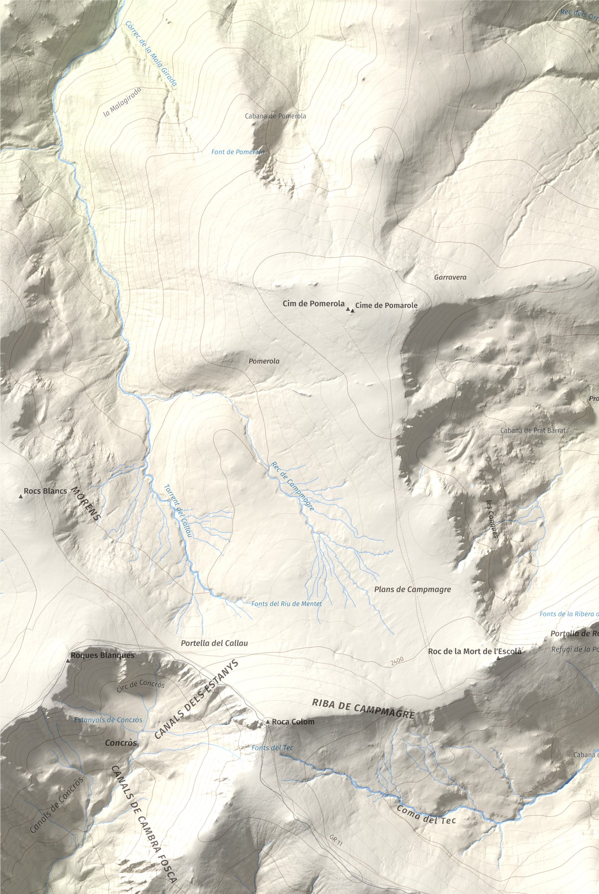 Mapa de relieve de Costabona, 2465 m, Ripollès · Vallespir, lámina 100 Cims de Trobart. Detalle de la zona superior izquierda. 61 × 91 cm.
