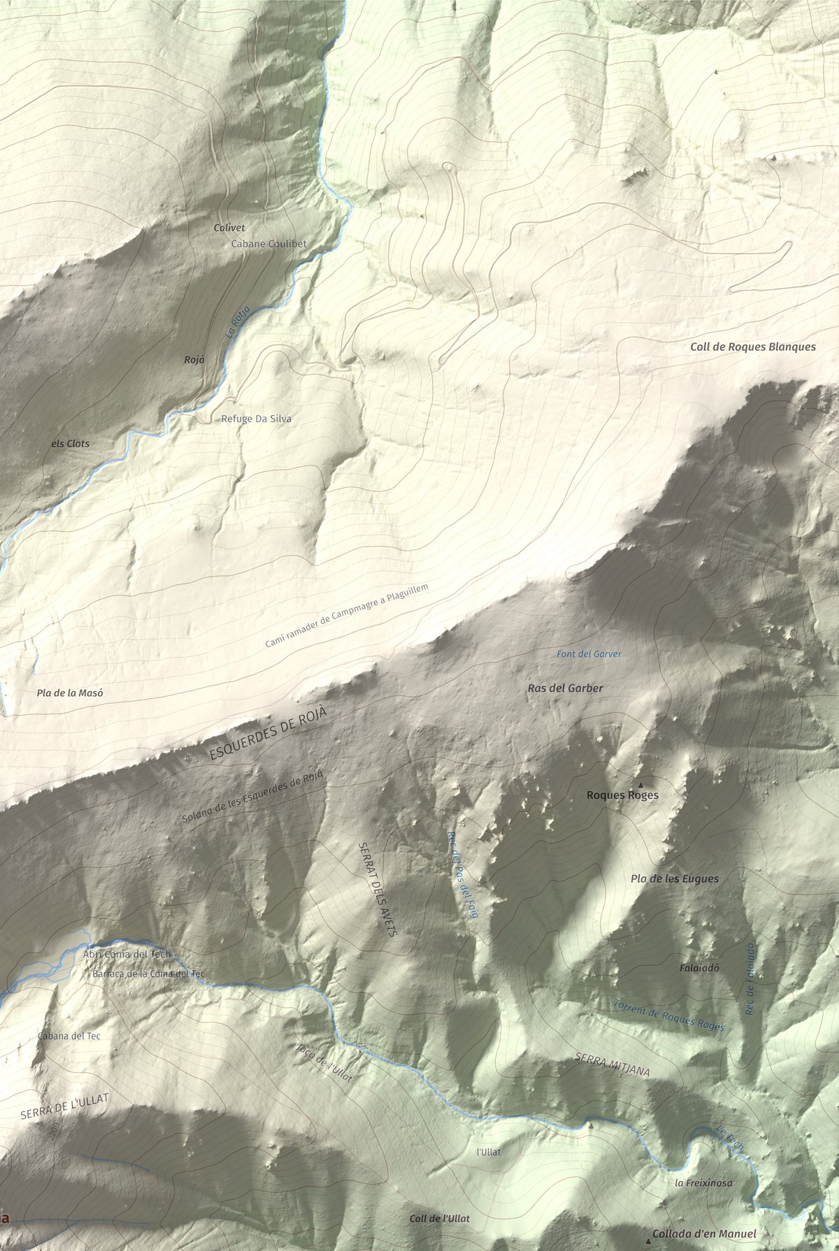 Mapa de relieve de Costabona, 2465 m, Ripollès · Vallespir, lámina 100 Cims de Trobart. Detalle de la zona superior derecha. 61 × 91 cm.