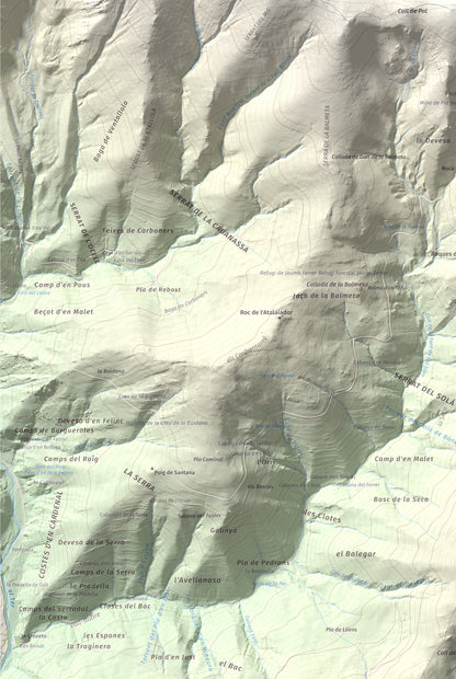 Mapa de relieve de Costabona, 2465 m, Ripollès · Vallespir, lámina 100 Cims de Trobart. Detalle de la zona inferior izquierda. 61 × 91 cm.