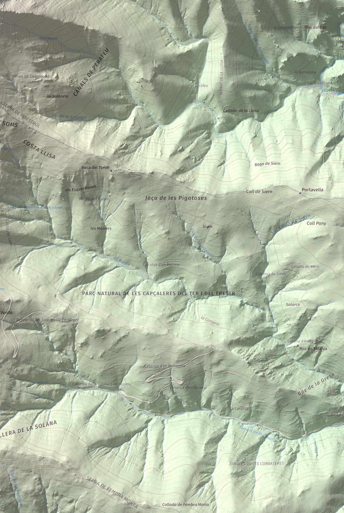 Mapa de relieve de Costabona, 2465 m, Ripollès · Vallespir, lámina 100 Cims de Trobart. Detalle de la zona inferior derecha. 61 × 91 cm.