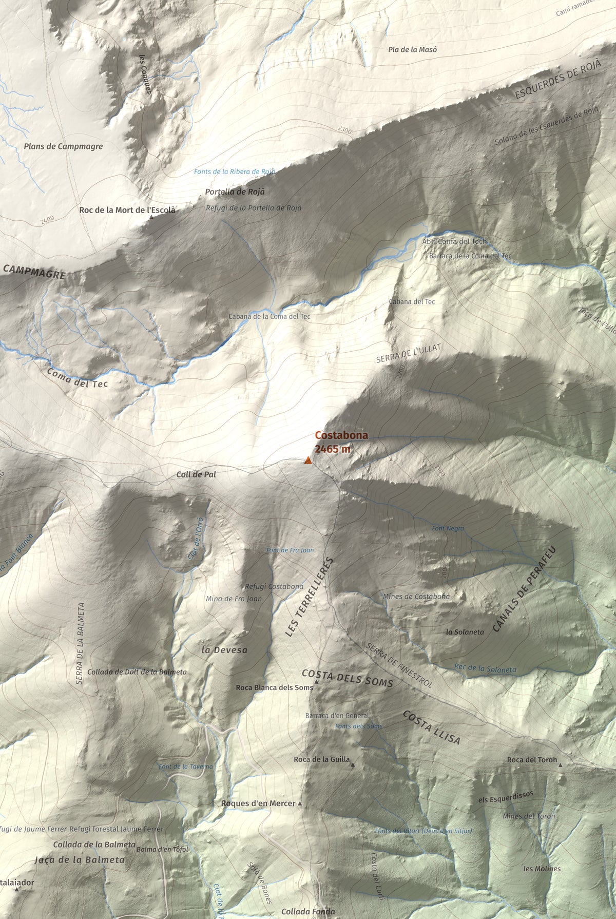 Mapa de relieve de Costabona, 2465 m, Ripollès · Vallespir, lámina 100 Cims de Trobart. Detalle de la zona central. 61 × 91 cm.