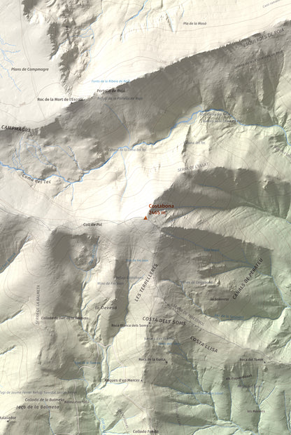 Mapa de relieve de Costabona, 2465 m, Ripollès · Vallespir, lámina 100 Cims de Trobart. Detalle de la zona central. 61 × 91 cm.
