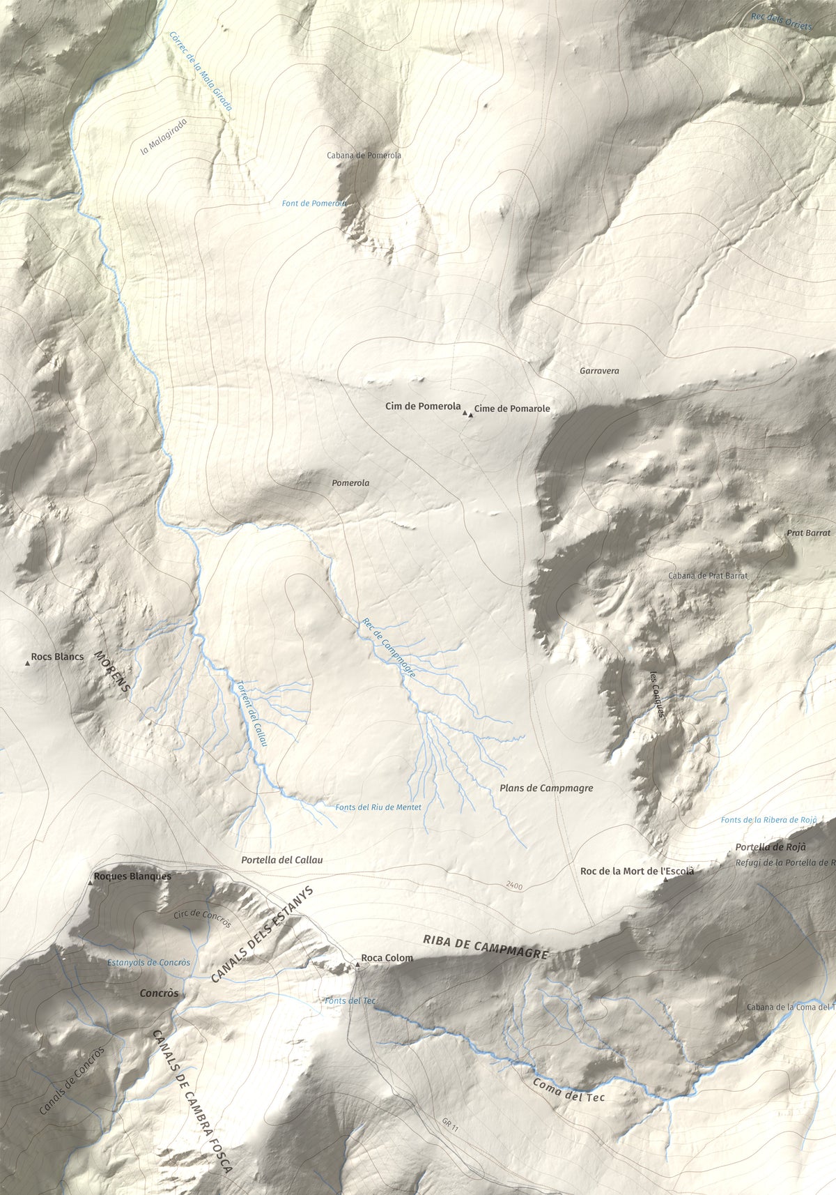 Mapa de relieve de Costabona, 2465 m, Ripollès · Vallespir, lámina 100 Cims de Trobart. Detalle de la zona superior izquierda. 70 × 100 cm.